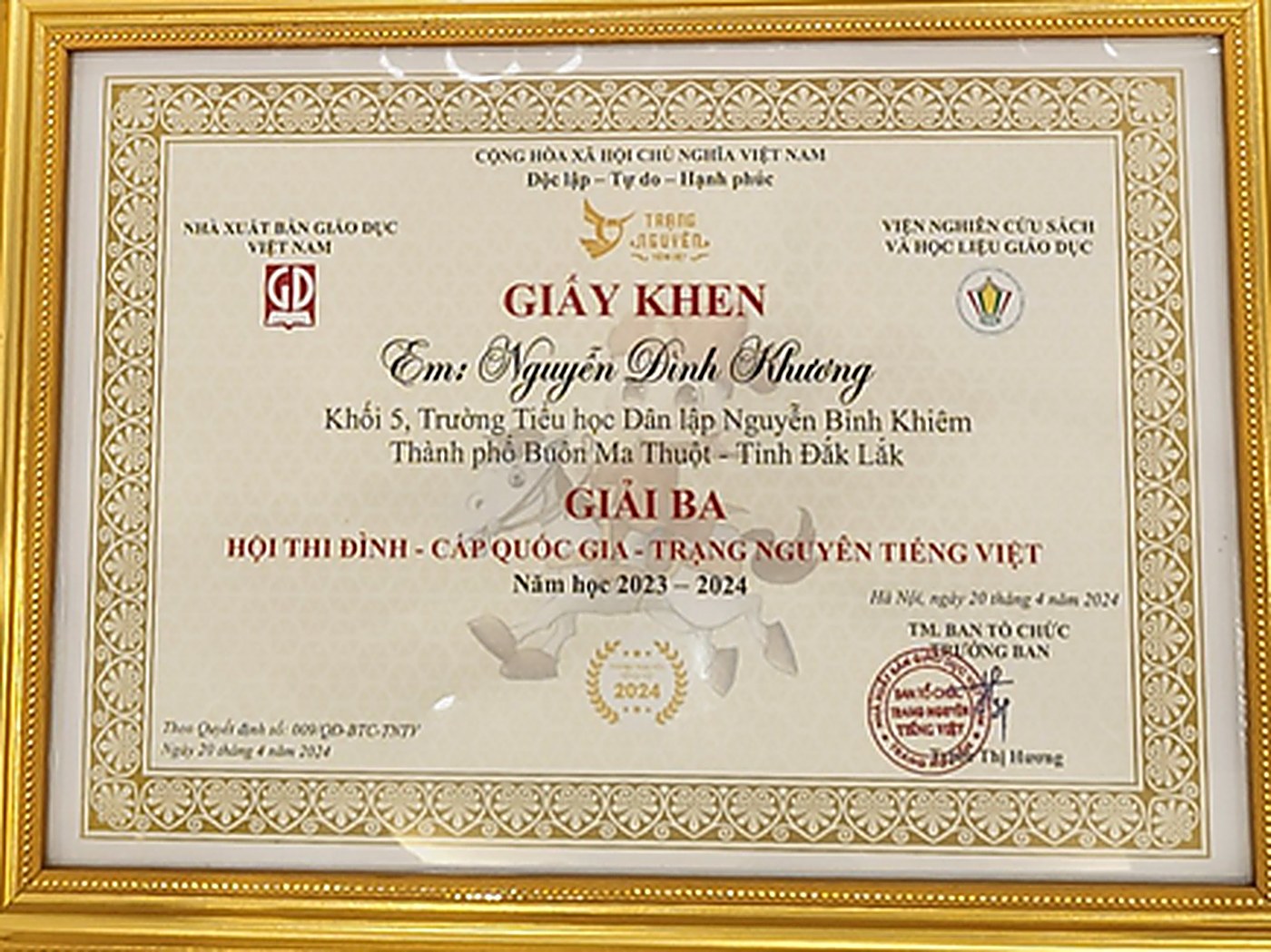 EM NGUYỄN ĐÌNH KHƯƠNG ĐẠT GIẢI BA HỘI THI ĐÌNH – CẤP QUỐC GIA – TRẠNG NGUYÊN TIẾNG VIỆT NĂM HỌC 2023-2024
