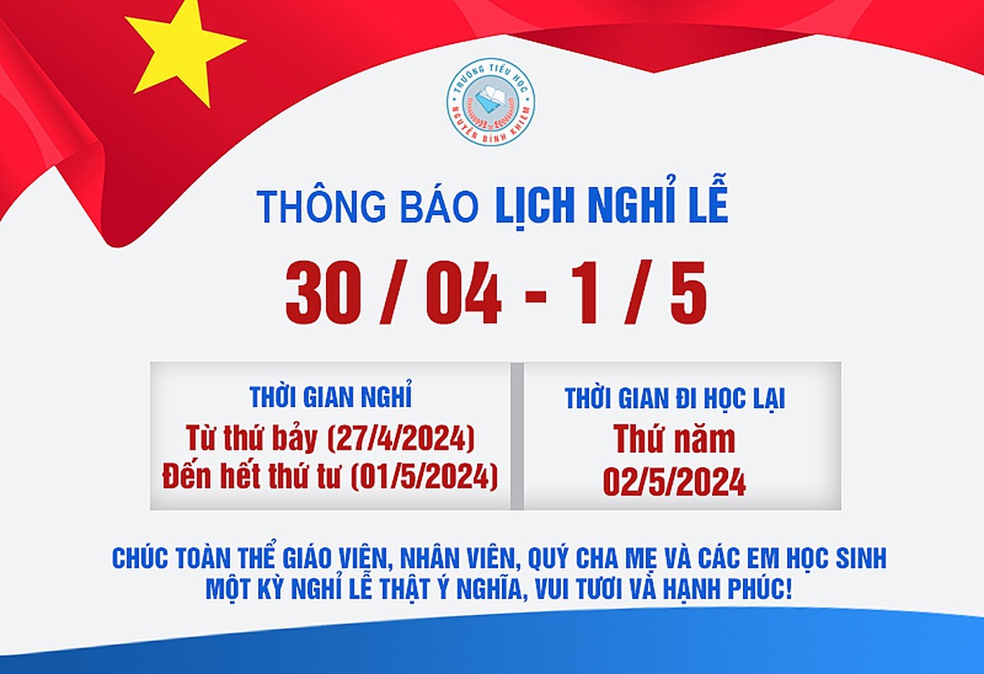 Thông Báo Nghỉ lễ 30-4 và 1-5